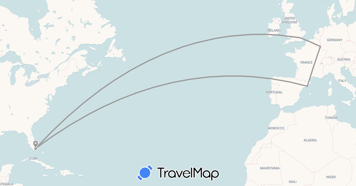 TravelMap itinerary: plane in Spain, United Kingdom, Luxembourg, United States (Europe, North America)